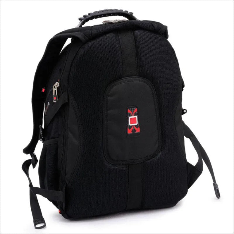 Black business computer backpack showing three compartments, open to reveal laptop sleeve and organiser pockets.