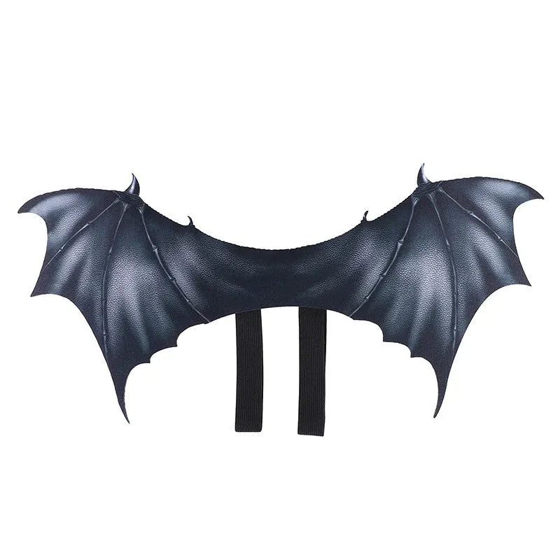 Black cloth bat wings Halloween costume for pets showing three size options: 64cm, 55cm, and 40cm wingspan