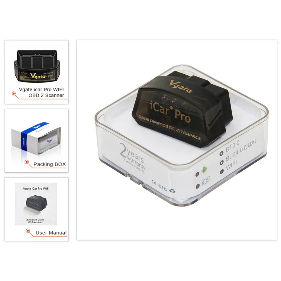 Vgate iCar Pro V2.2 OBDII Bluetooth scanner in black with LED indicator and OBDII connector