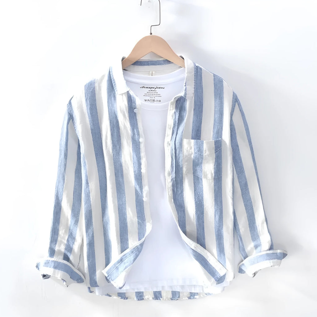 Men's plus size blue long sleeve loose fit Hong Kong style casual shirt with fleece lining.