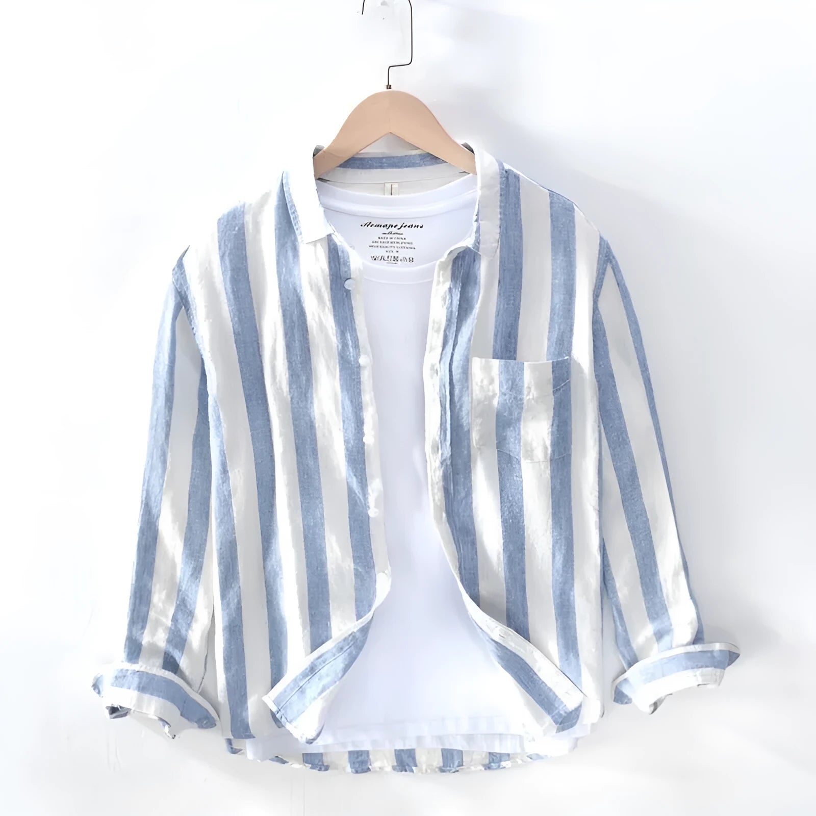 Men's plus size blue long sleeve loose fit Hong Kong style casual shirt with fleece lining.