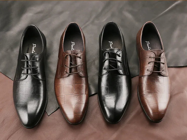 Men's black leather Derby shoes with pointed toe and rubber soles for business wear