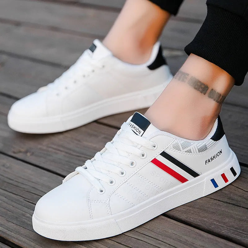 Men's sports shoes in black, grey, or white on a size chart showing UK sizes 39 to 44.