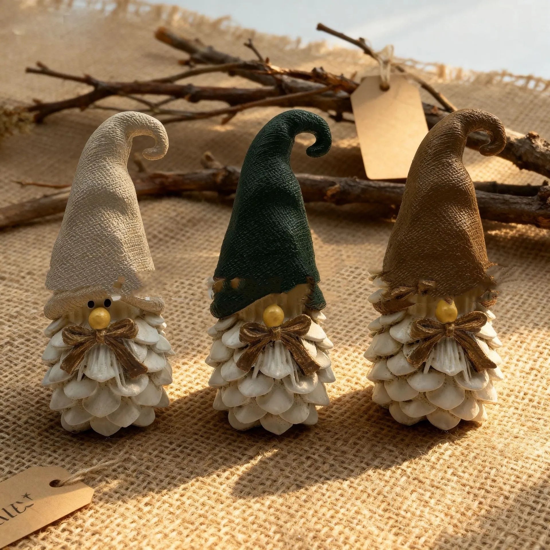 Three resin pine cone decorations in brown dwarf pine cone design, each 9x5x4cm