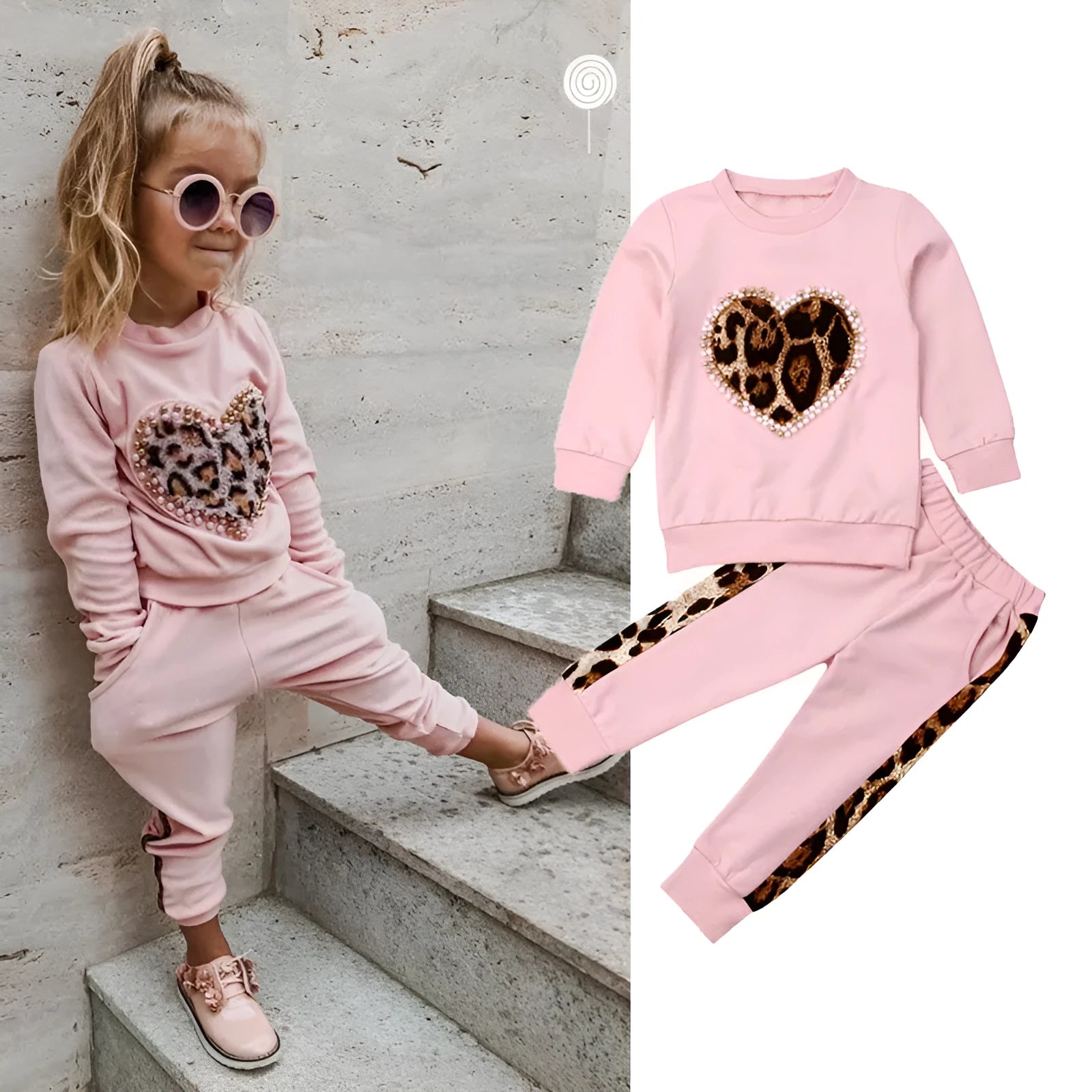 Pink cotton print sweatshirt two-piece loungewear set on model