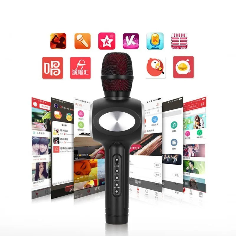 Yaerjia E108 wireless karaoke microphone in black, gold, or pink colours with built-in speaker