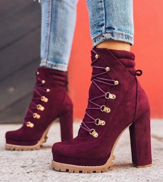 Women's suede high heel ankle boots in army green with thick heel, round toe, and decorative rivets.