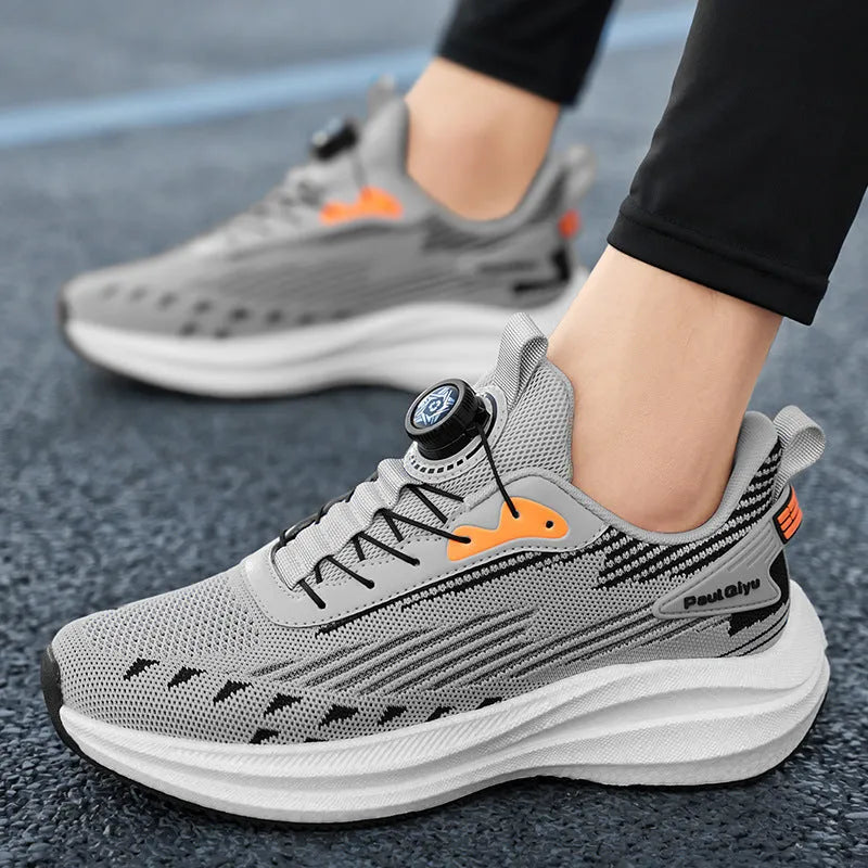 Men's white green and black Fly-kit mesh running shoes with rotating buckle lace system