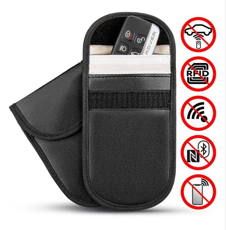 Black microfiber RFID signal blocker bag measuring 13.5 by 9.5 centimetres for car key and card protection