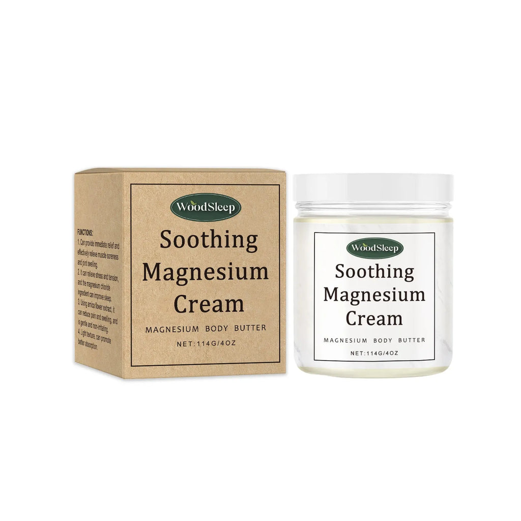 A white 114g jar of magnesium body care cream for use after exercise.