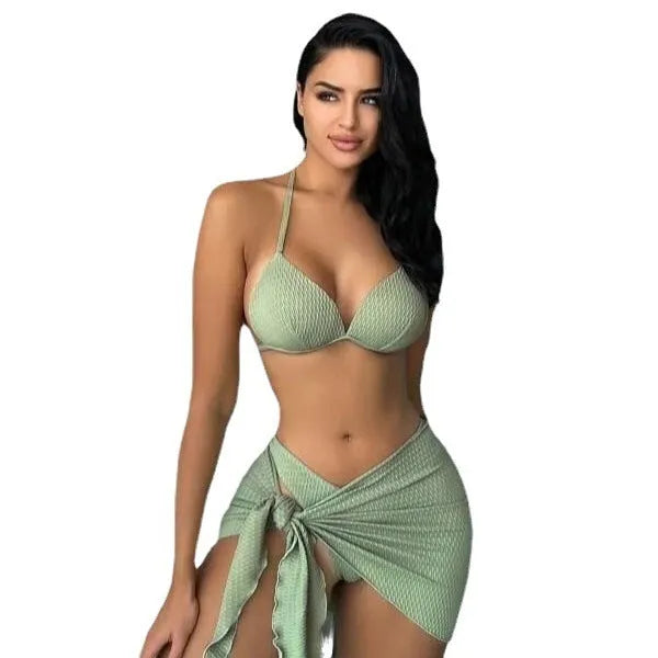 Women's black three-piece swimsuit set with Russian split design, showing top, skirt, and panties.