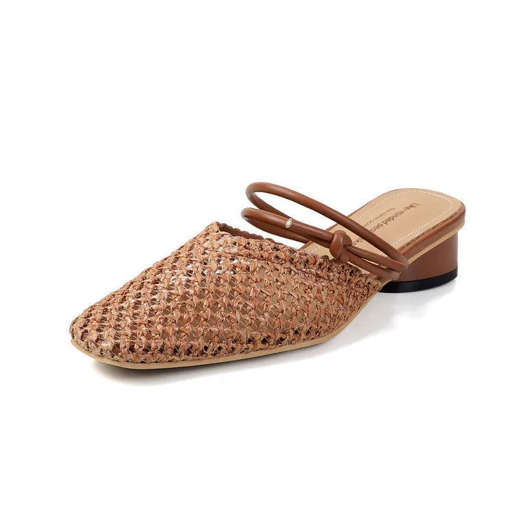 Women's black retro chunky heel slippers with square toe and breathable hollow-out design on artificial PU upper.