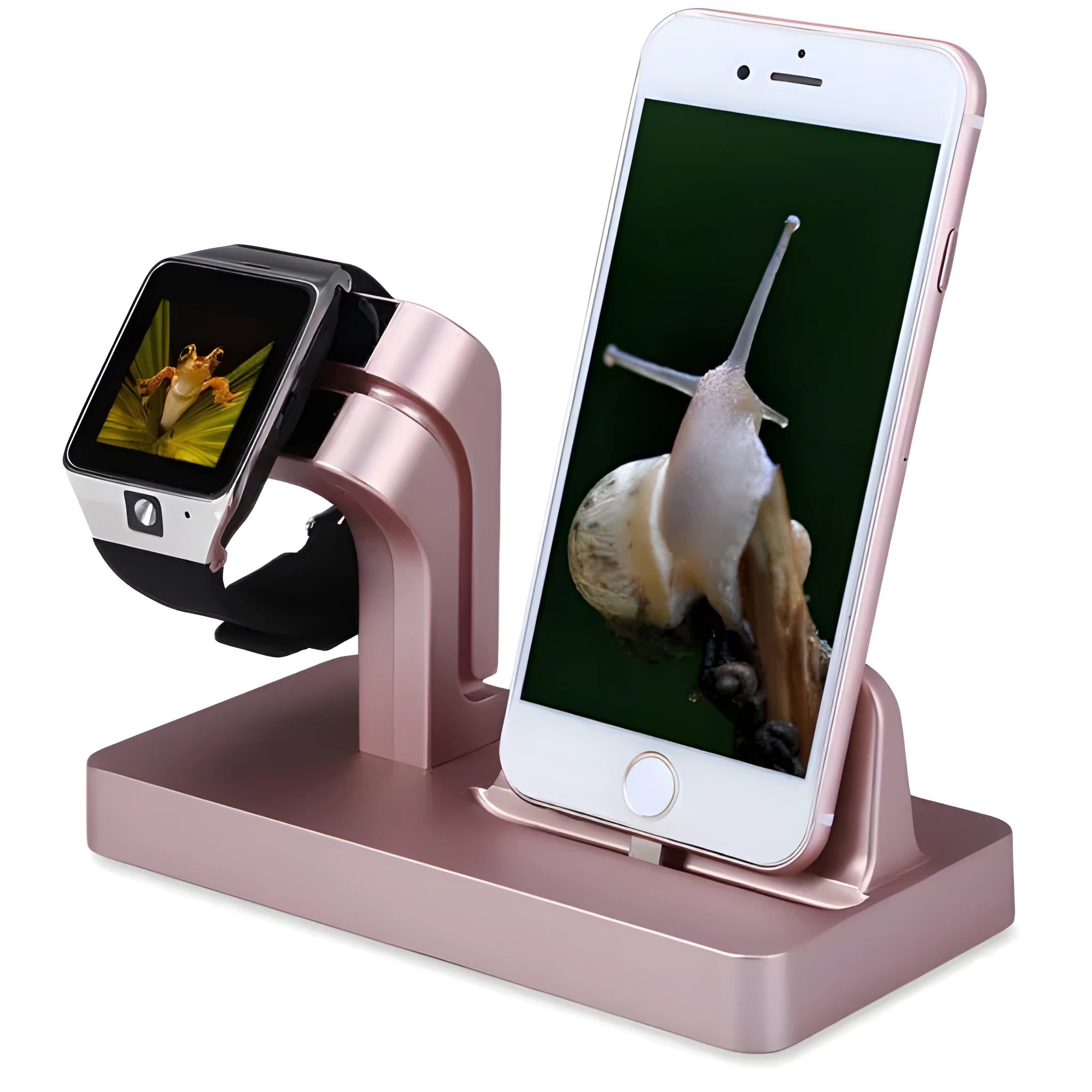 White 2-in-1 desktop charging dock station holding an iPhone and an Apple Watch for simultaneous charging.