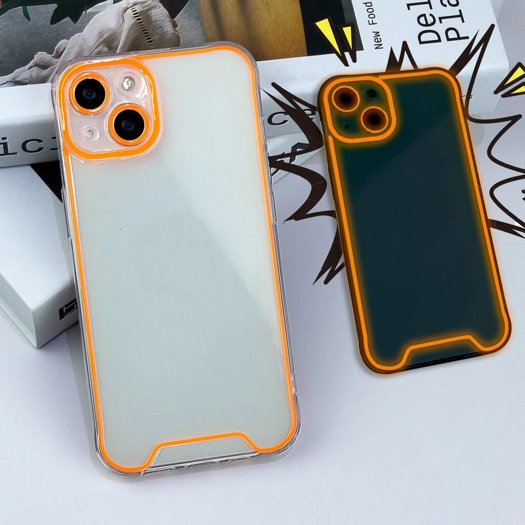 Glow in the dark Christmas phone case for iPhone in blue, green, orange, pink, and yellow colours.