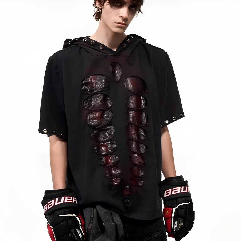 Black men's hooded short-sleeved t-shirt with sequin detailing, loose fit, shown in casual wear setting