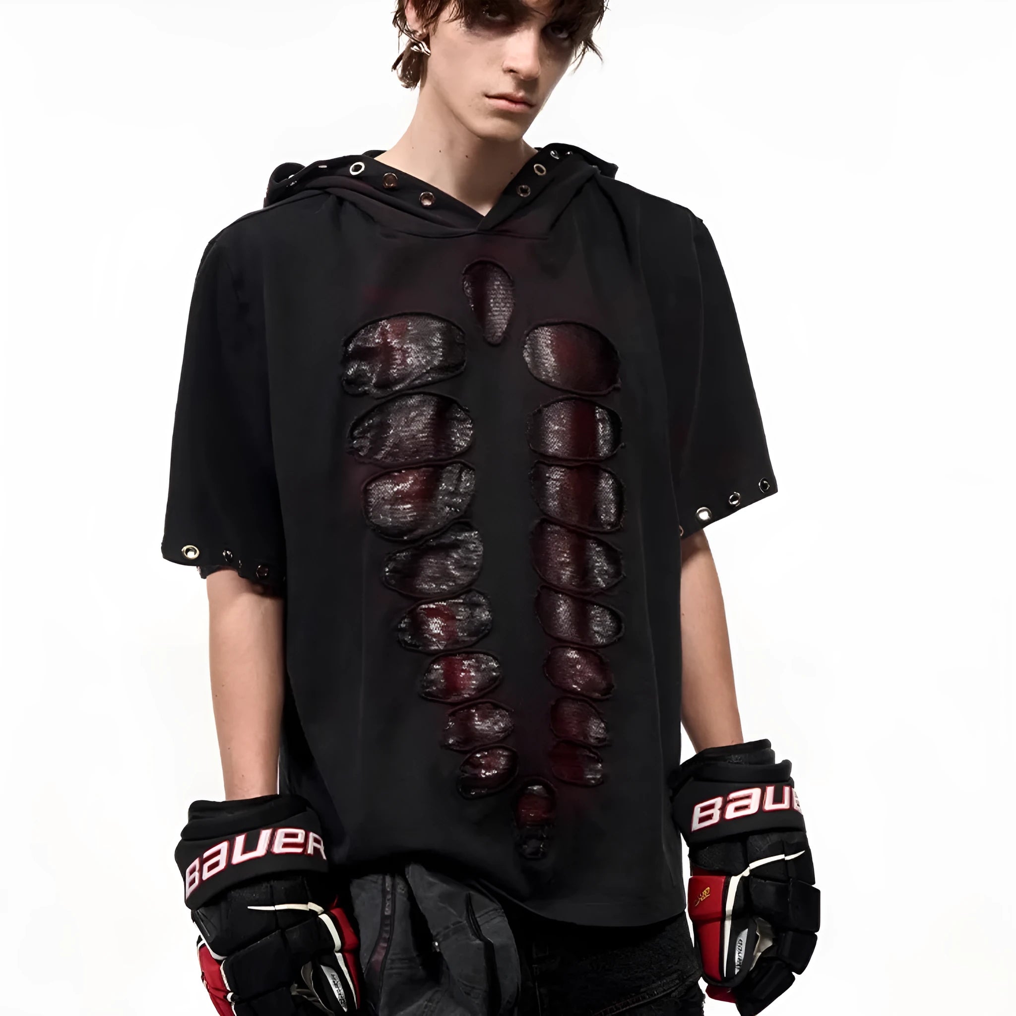 Black men's hooded short-sleeved t-shirt with sequin detailing, loose fit, shown in casual wear setting