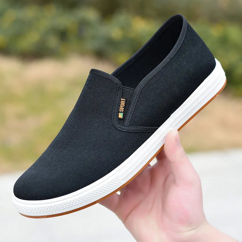 Men's black low-top canvas slip-on shoes with round toe and shallow mouth design on a white background.