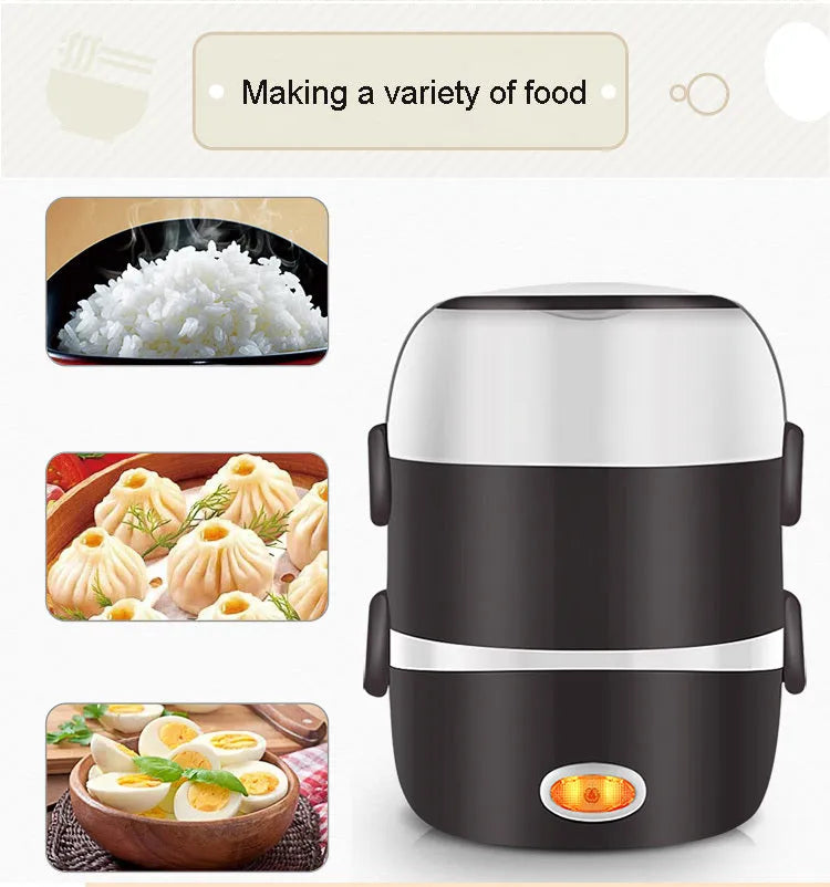 Black portable electric lunch box with USB cable, showing two-layer and three-layer capacity options.