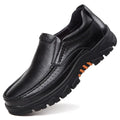 Men's black and brown business casual slip-on shoes made of cowhide leather with a rubber sole.
