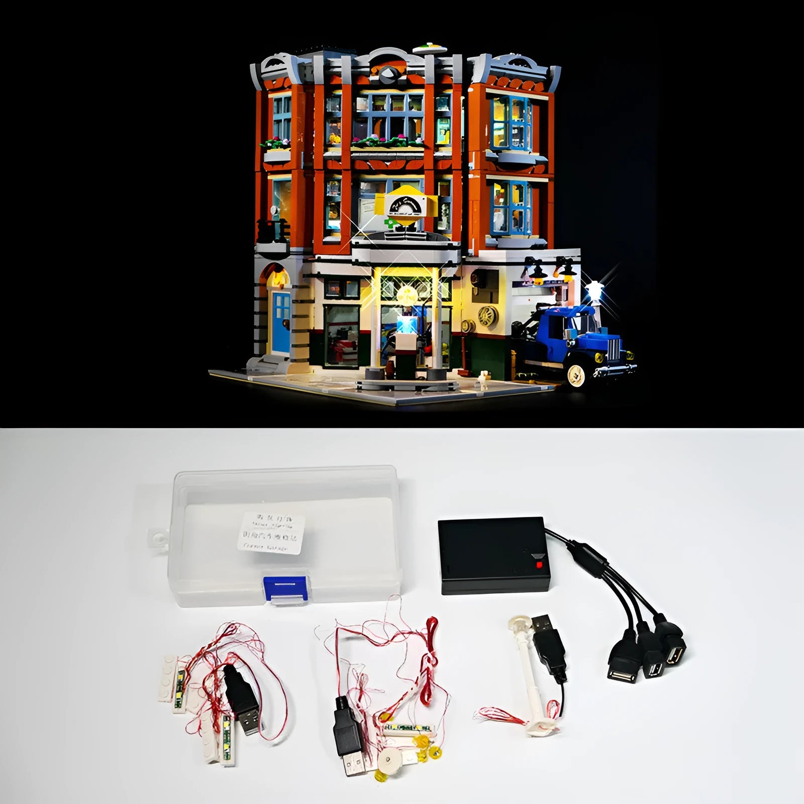 Plastic MOC model LED lighting accessories kit for building a lit corner repair shop scene.