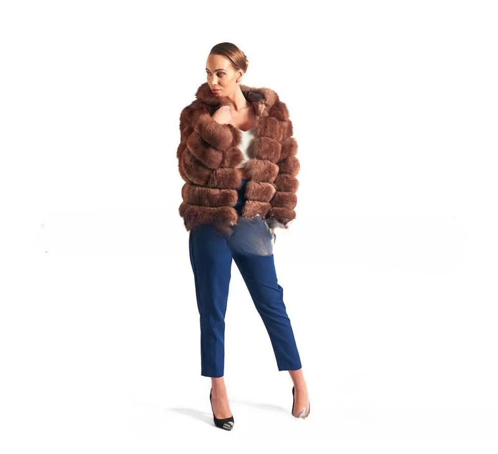 Women's loose faux fur hooded coat in street fashion style with 65cm length