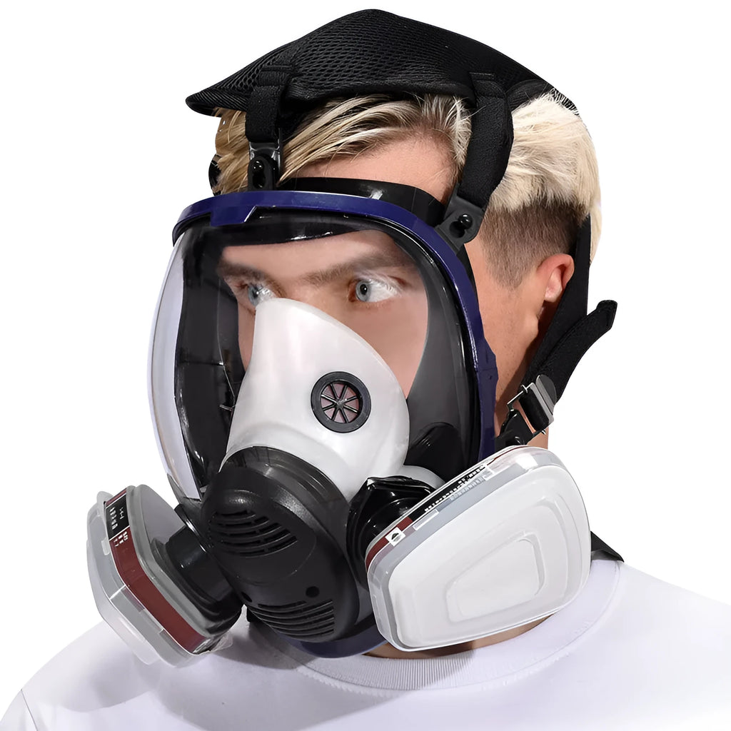 Blue edge spherical gas mask with trapezoidal canister and silicone construction for KN95 and activated carbon filtration