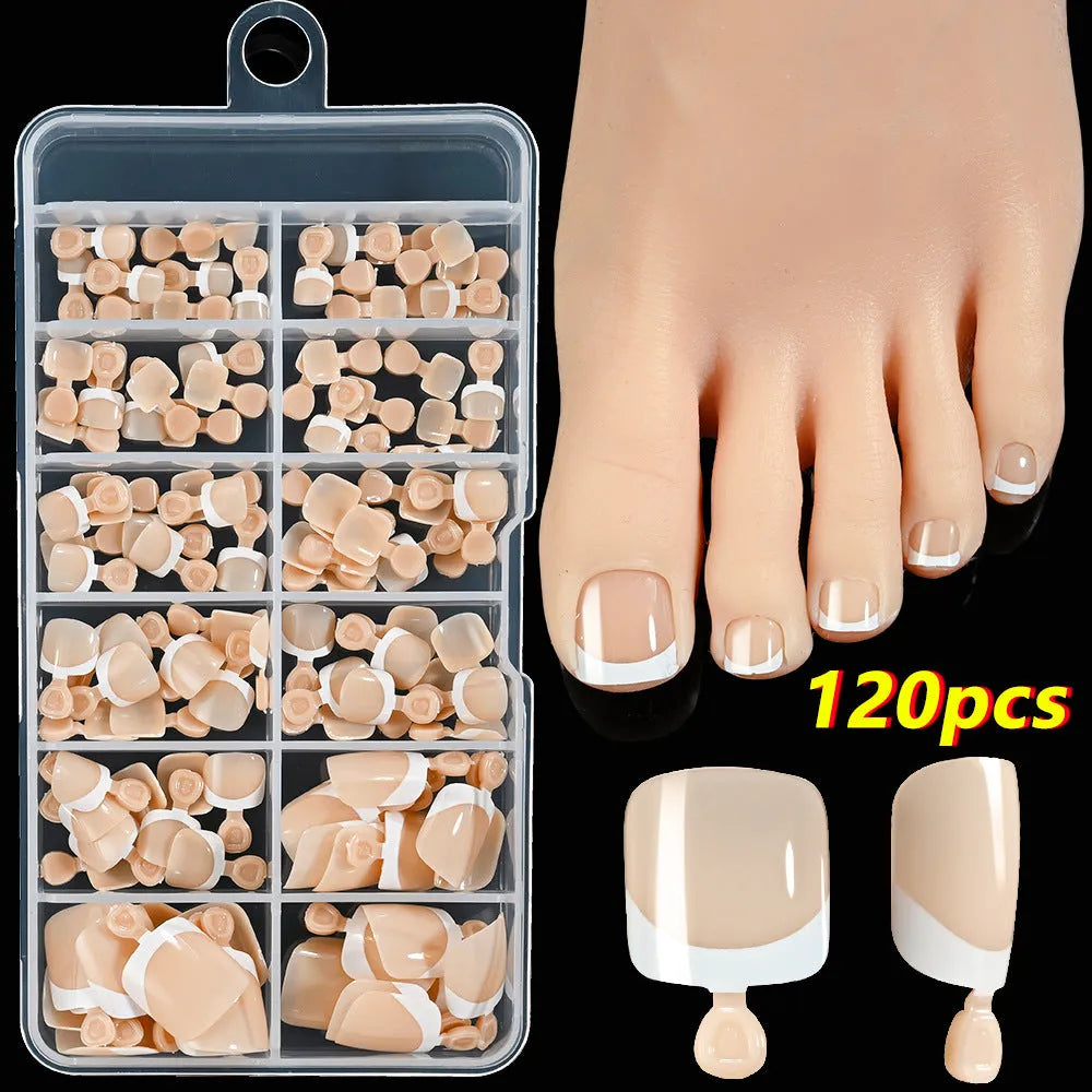 Open box showing 120 nude false toe nails with French white edges and a full-square short shape.