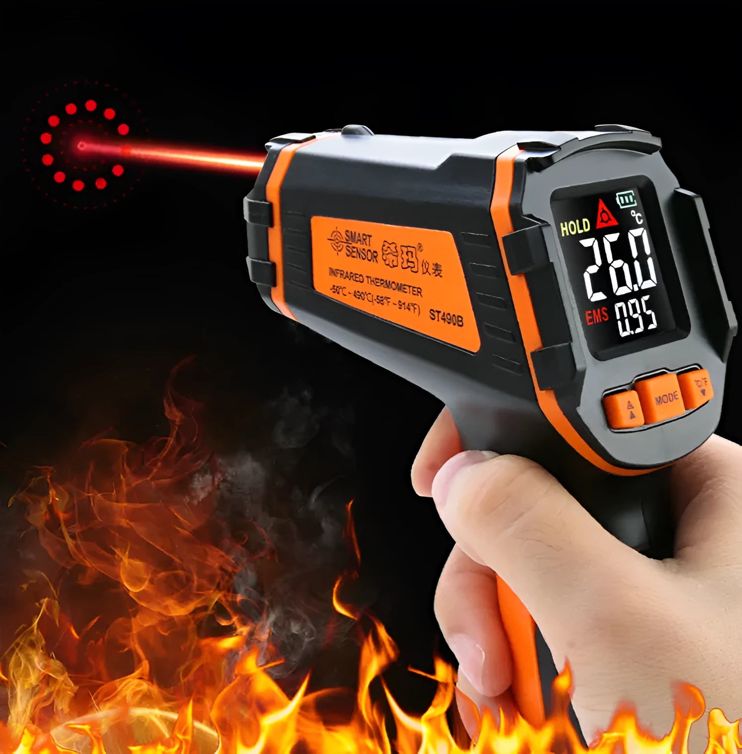 ST390A advanced handheld infrared thermometer with dual laser pointers on display.