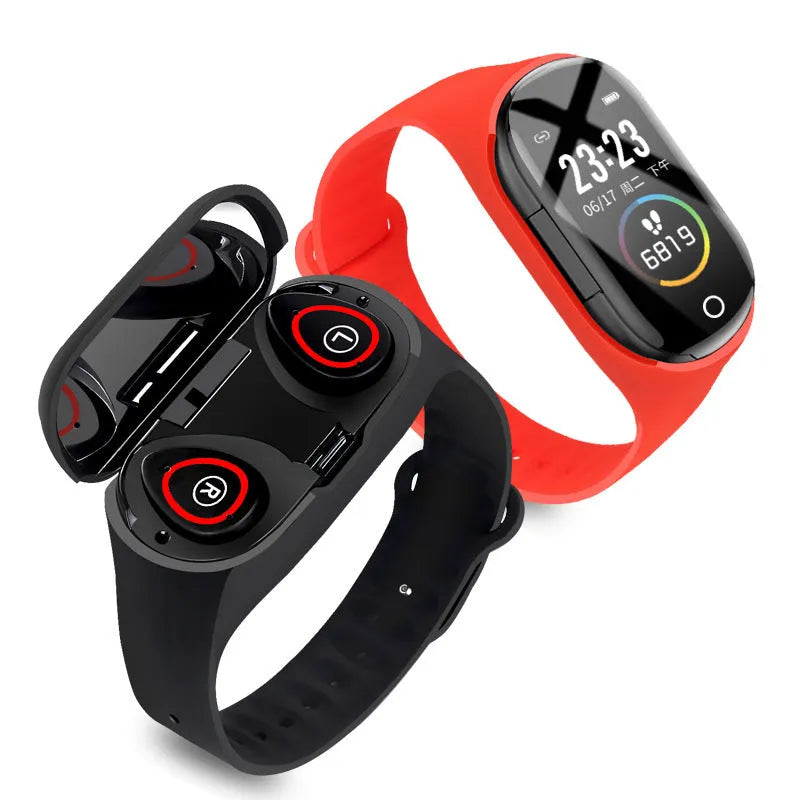 Smart bracelet earphone combo in black, blue, or red colours with a 1-inch screen on a silicone wristband