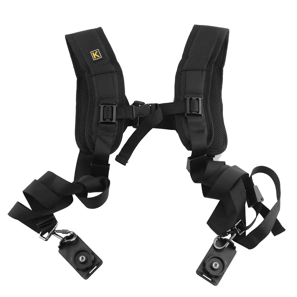 Black professional dual SLR camera shoulder strap with thick padding and metal hardware.