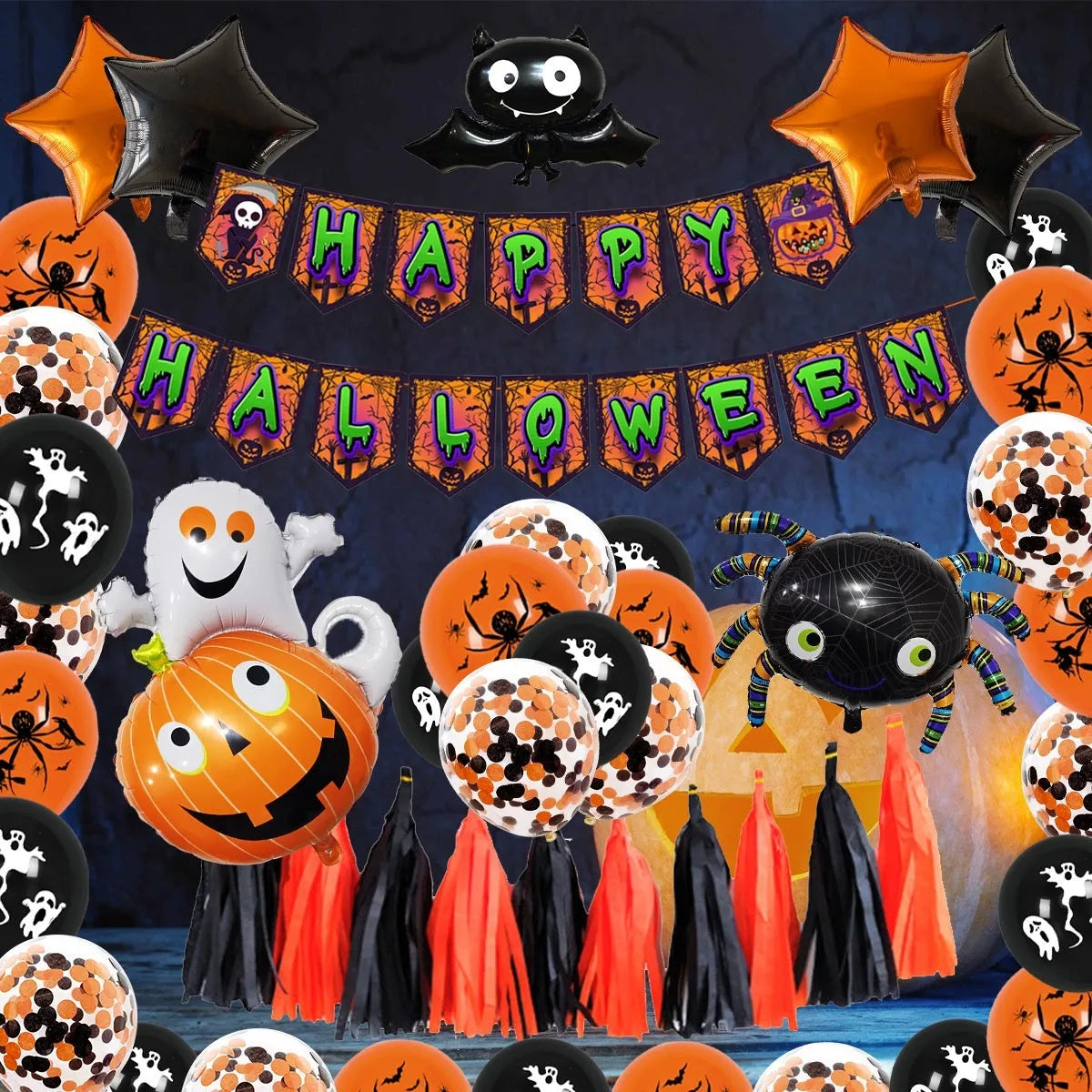 Halloween spider balloon arch decoration set with white and black latex balloons featuring skull and pumpkin designs