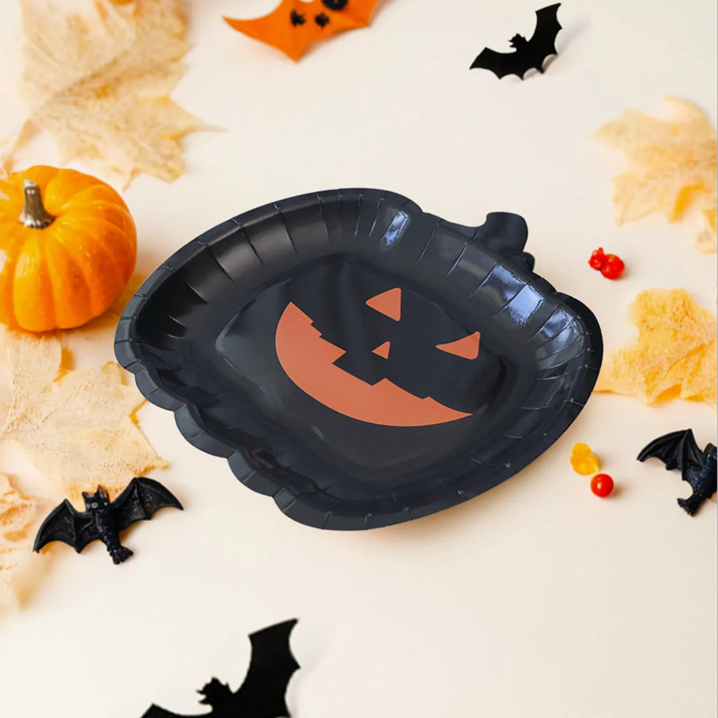 Black Halloween pumpkin design on 9-inch disposable paper plate