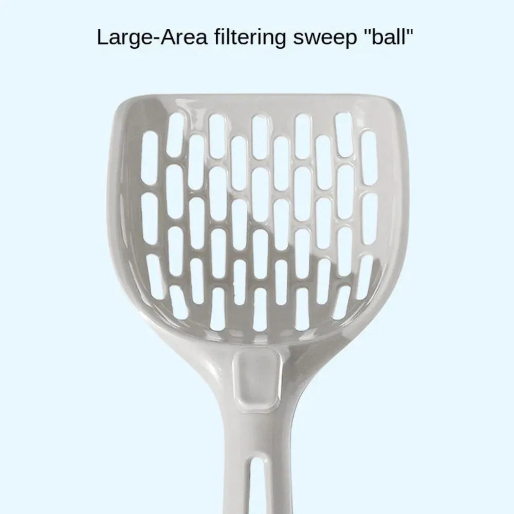 Grey plastic cat litter scoop with perforations, shown sitting on its attached square base stand.