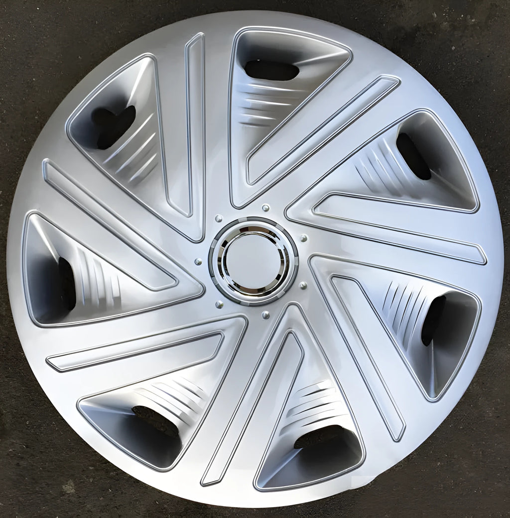 Universal silver ABS plastic wheel hub cover for car decoration in 13 to 16 inch sizes.