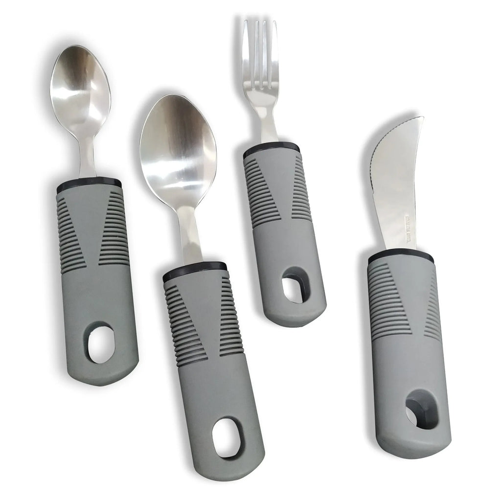 Stainless steel adaptive utensils with rubber handles in black and grey colour options
