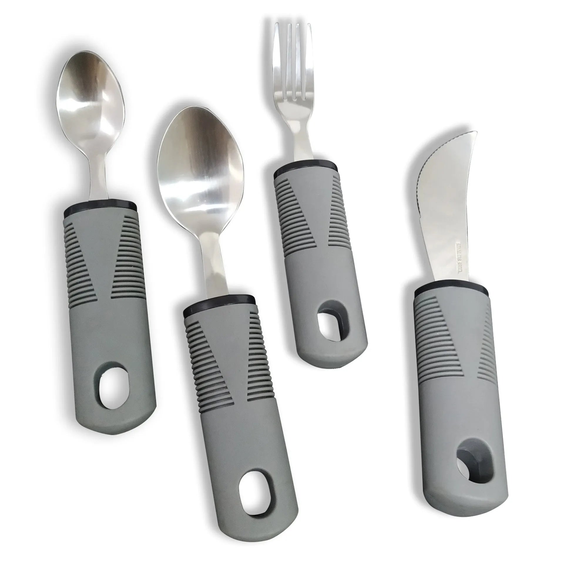 Stainless steel adaptive utensils with rubber handles in black and grey colour options