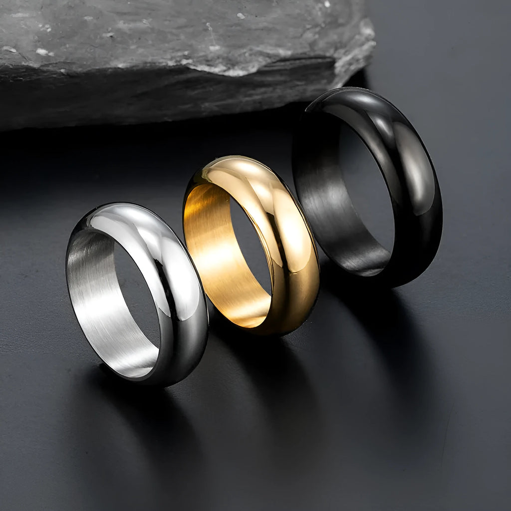 Glossy titanium steel electroplated ring in gold, black or steel colours, sizes 7-12