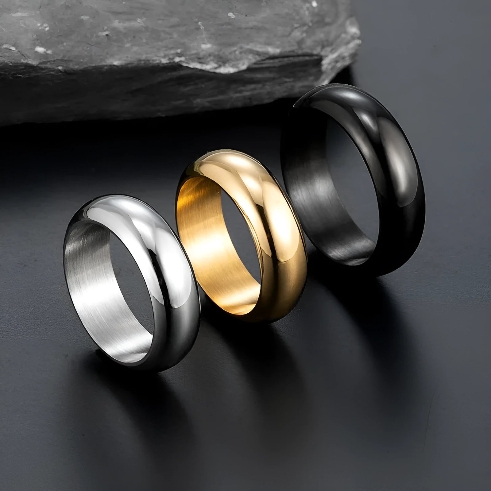 Glossy titanium steel electroplated ring in gold, black or steel colours, sizes 7-12