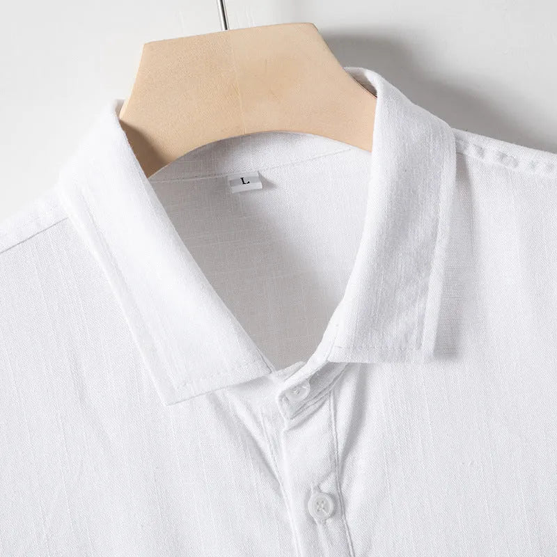 Men's loose lapel linen T-shirt in hemp blend fabric, shown in solid colour options.