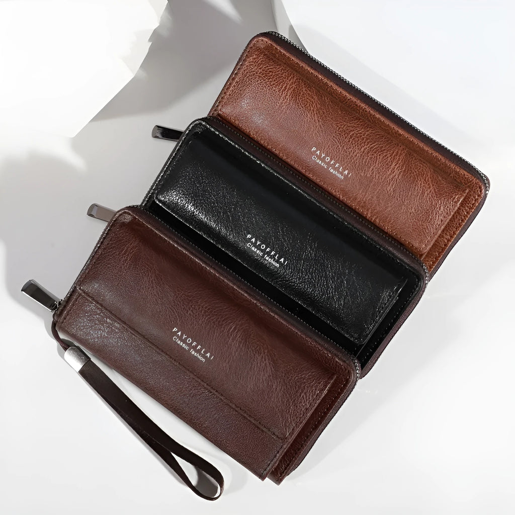 Men's black PU wallet with multiple card slots showing casual long 19cm design