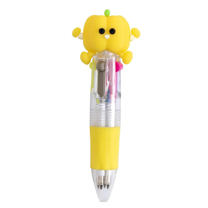 Cartoon-themed four colour press ballpoint pen with plastic and silicone body and 0.7mm tip.