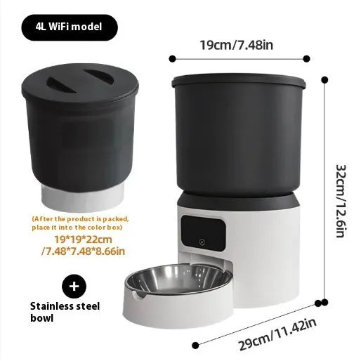 4-litre smart pet feeder with control panel, showing optional stainless steel bowl and camera unit.