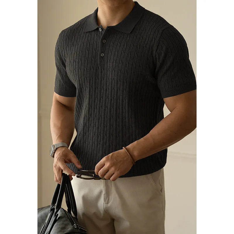 Men's khaki business commute short sleeve top showing Asian sizing options and fabric composition details