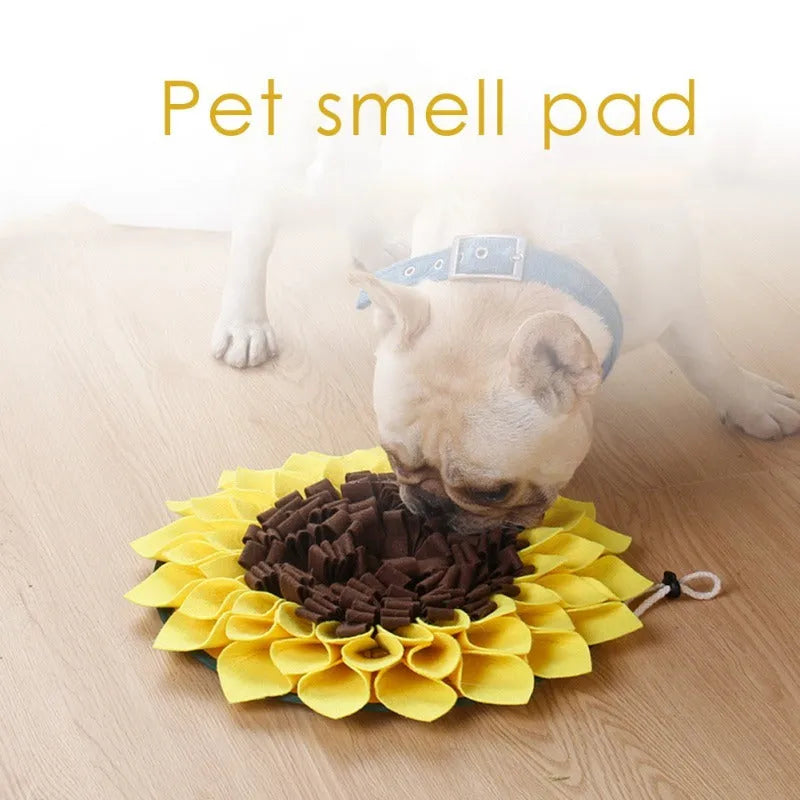Yellow sunflower snuffle mat for dog nosework training with rope attachment