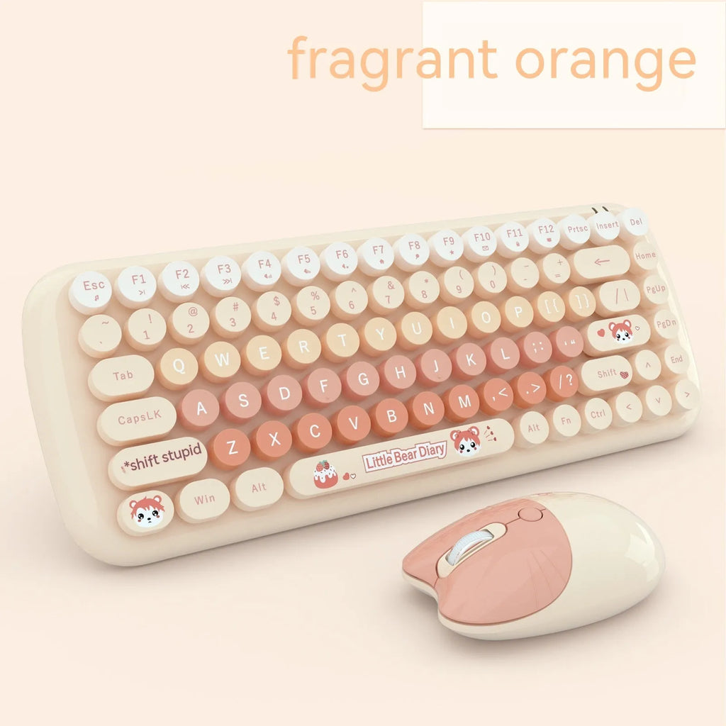 Pink cartoon wireless keyboard and mouse set with compact dimensions for notebook computers