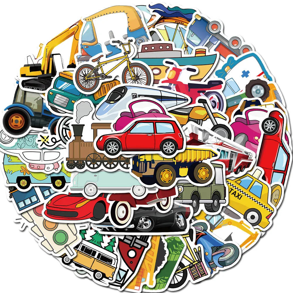 40 cartoon vehicle graffiti stickers including cars and excavators in a waterproof adhesive design