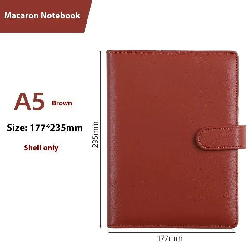 A5 PU leather zipper notebook shell in multiple solid colours, showing closed and open views.