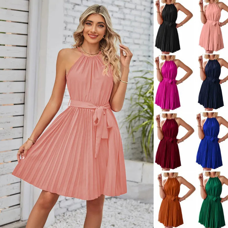 Women's black chiffon halter strapless dress with pleated midi skirt and waist belt.