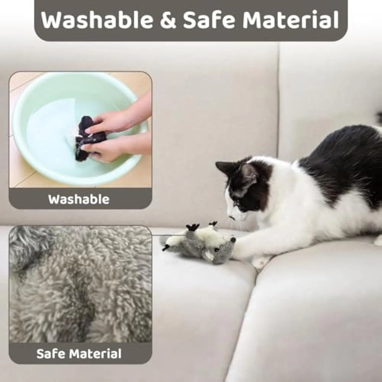 Gray flapping squirrel cat toy with waving wings showing touch-activated interactive features