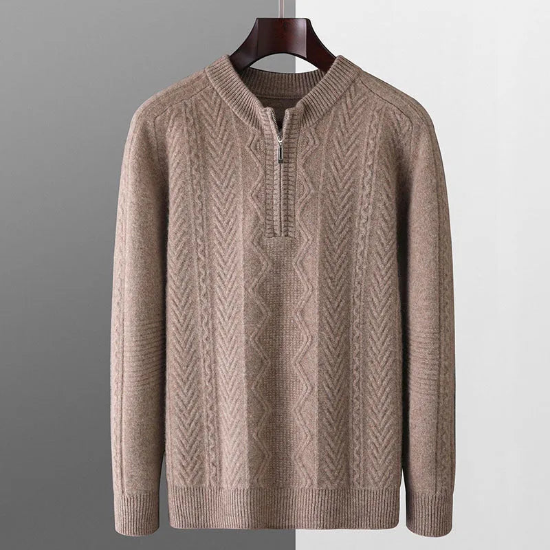 Men's grey diamond pattern wool half zip sweater with loose fit